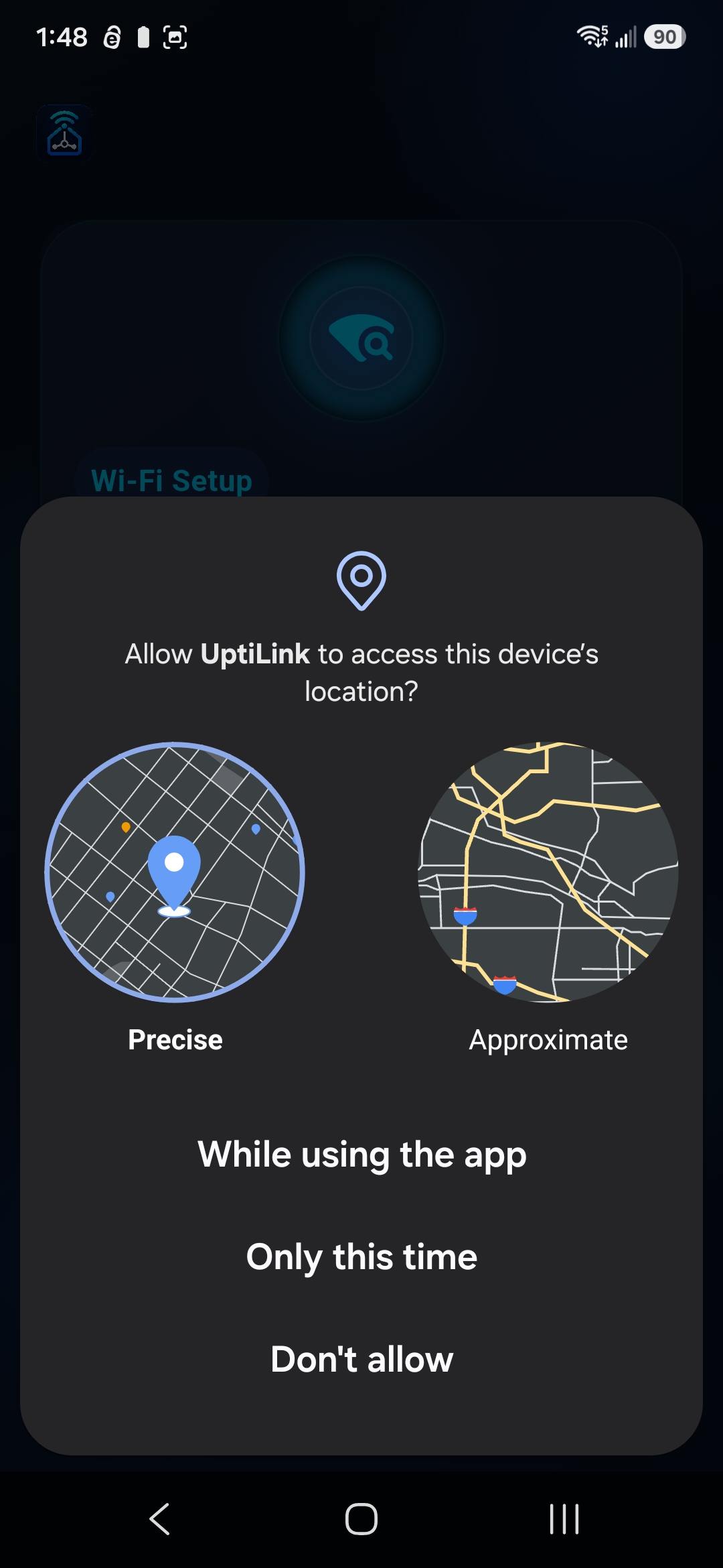 Android location permission prompt used to allow UptiLink Wi-Fi awareness